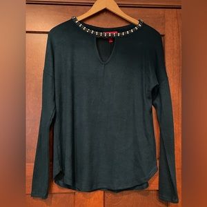 Women’s XS long sleeve dark teal top by Jennifer Lopez with rhinestone neckline.